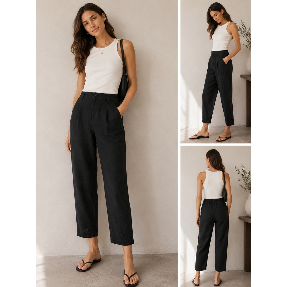Madewell Tall Tailored Tapered Pants in Linen-Blend Pleated 12T Black High Rise